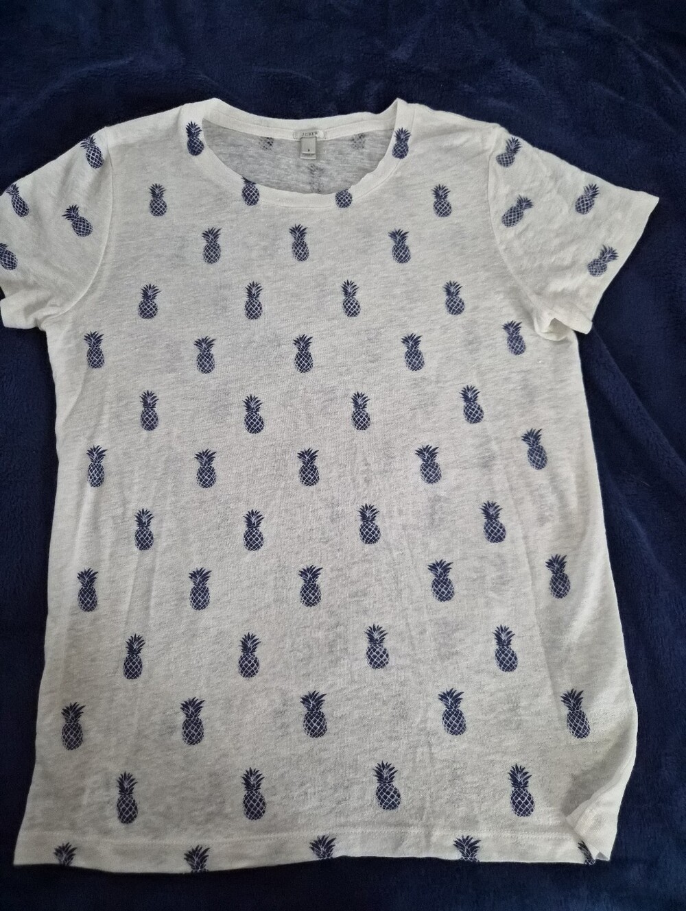 J CREW White Linen Tee with Navy Pineapple Print New